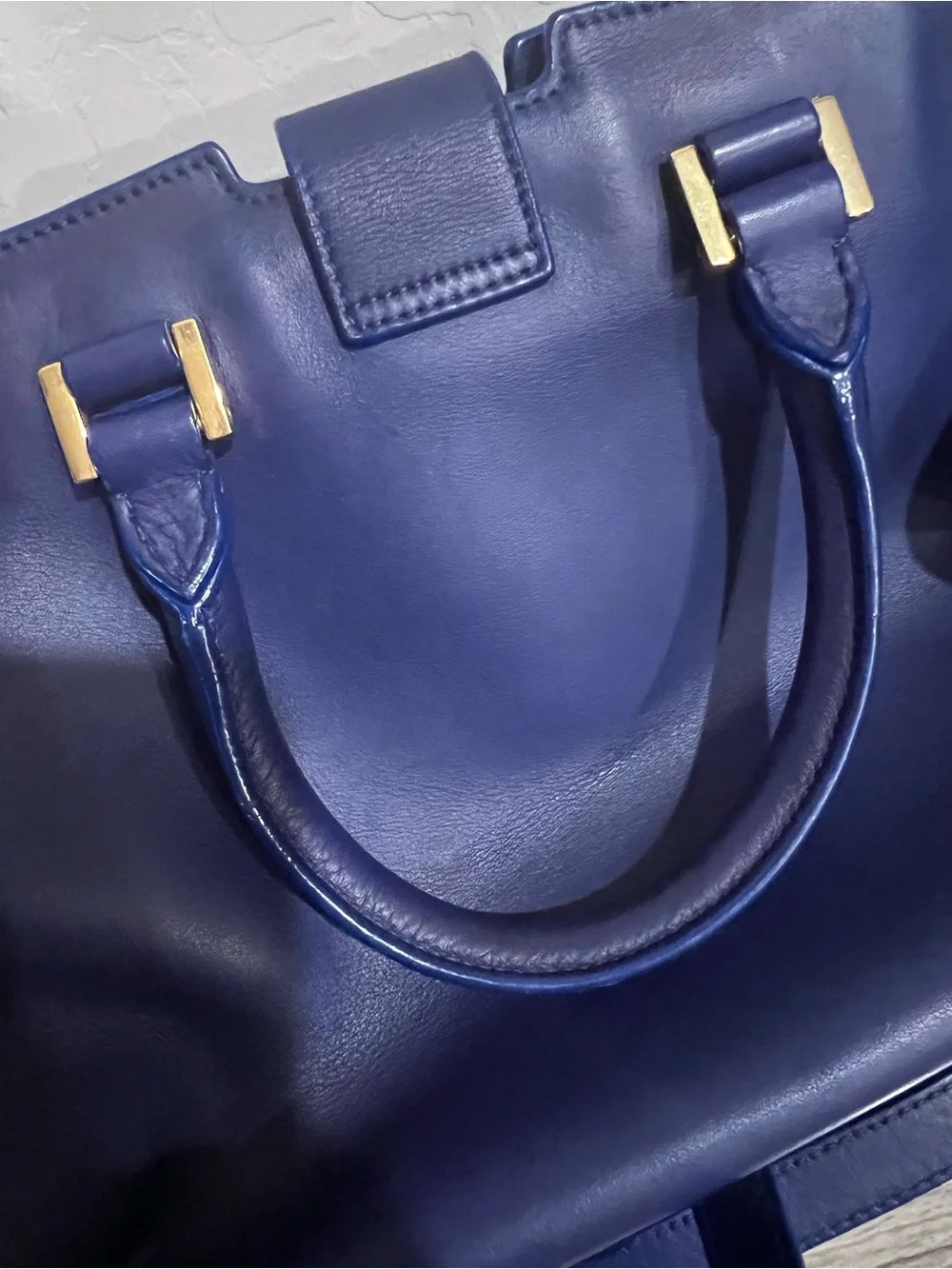 Saint Laurent Navy Leather Satchel with Gold Y Closure